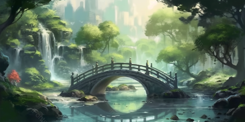 水塘桥梁森林植被插画背景,插画/手绘图,插画/手绘图库,插画/手绘图下载,插画/手绘
